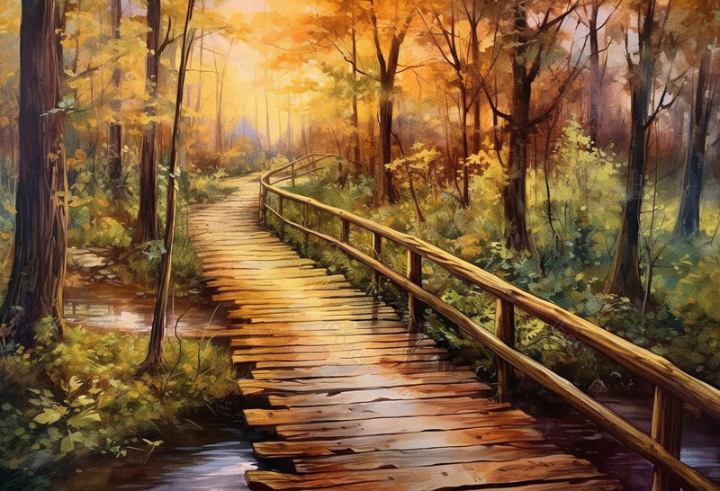 黄昏夕阳下的森林中穿插着木头小路梦幻童话背景,插画/手绘图,插画/手绘图库,插画/手绘图下载,插画/手绘